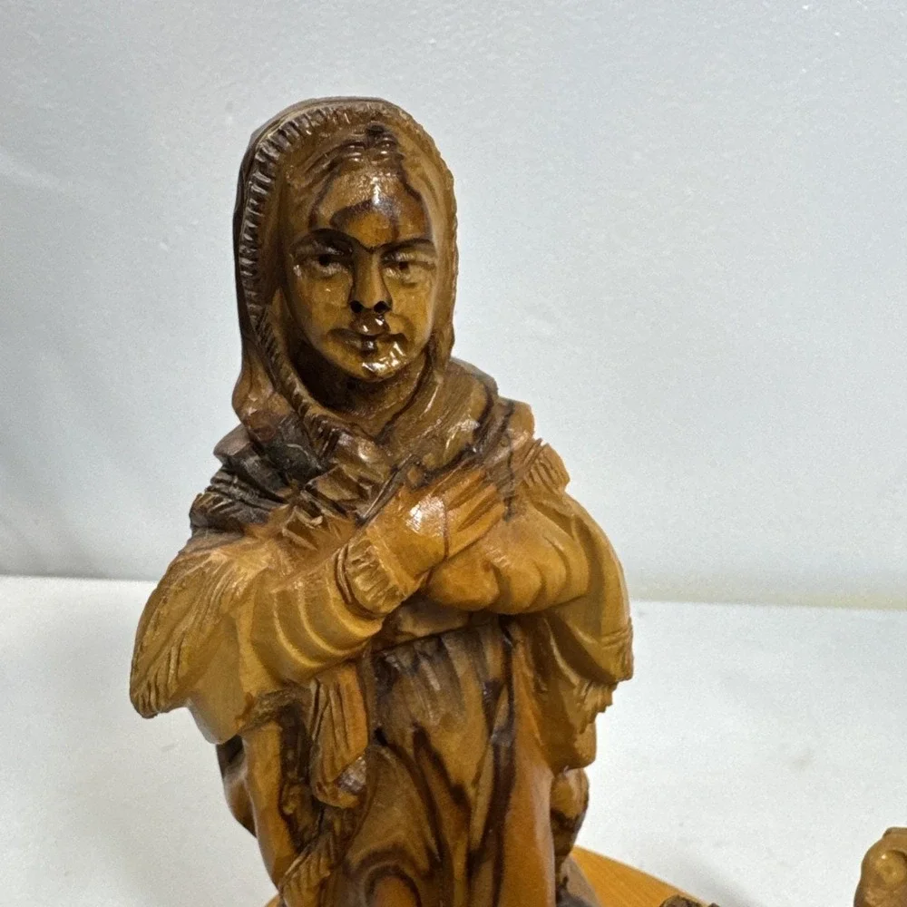 Hand Carved Olive Wood Nativity Scene Holy Family Manger Set on Wooden Base